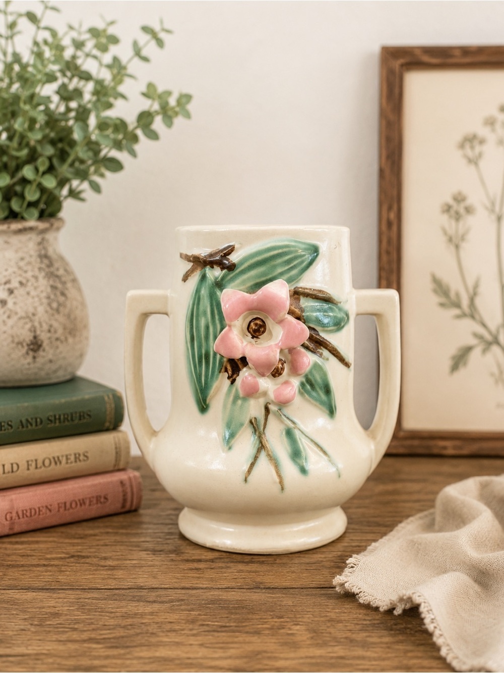 Vintage McCoy Pottery | Double Handle Vase |Pink Flower | USA